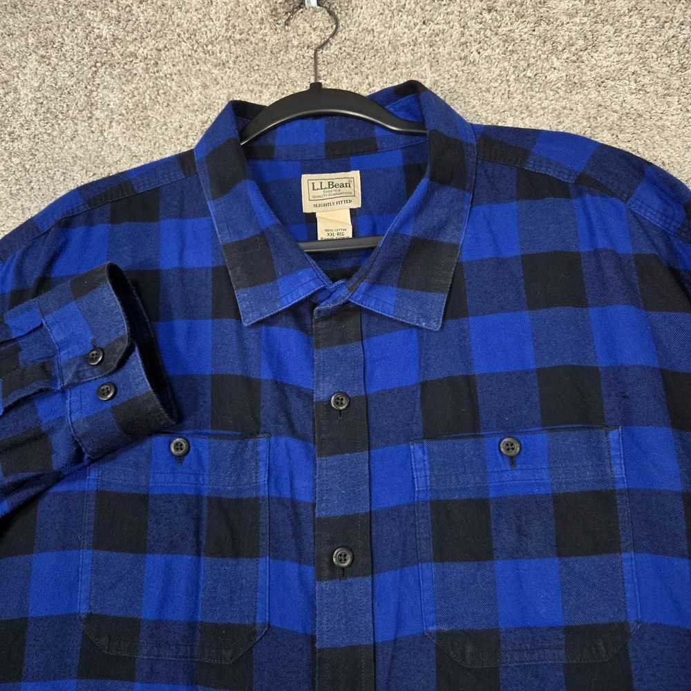 LL Bean Flannel Shirt Mens 2XL Blue Buffalo Plaid Slightly Fitted Lumberjack